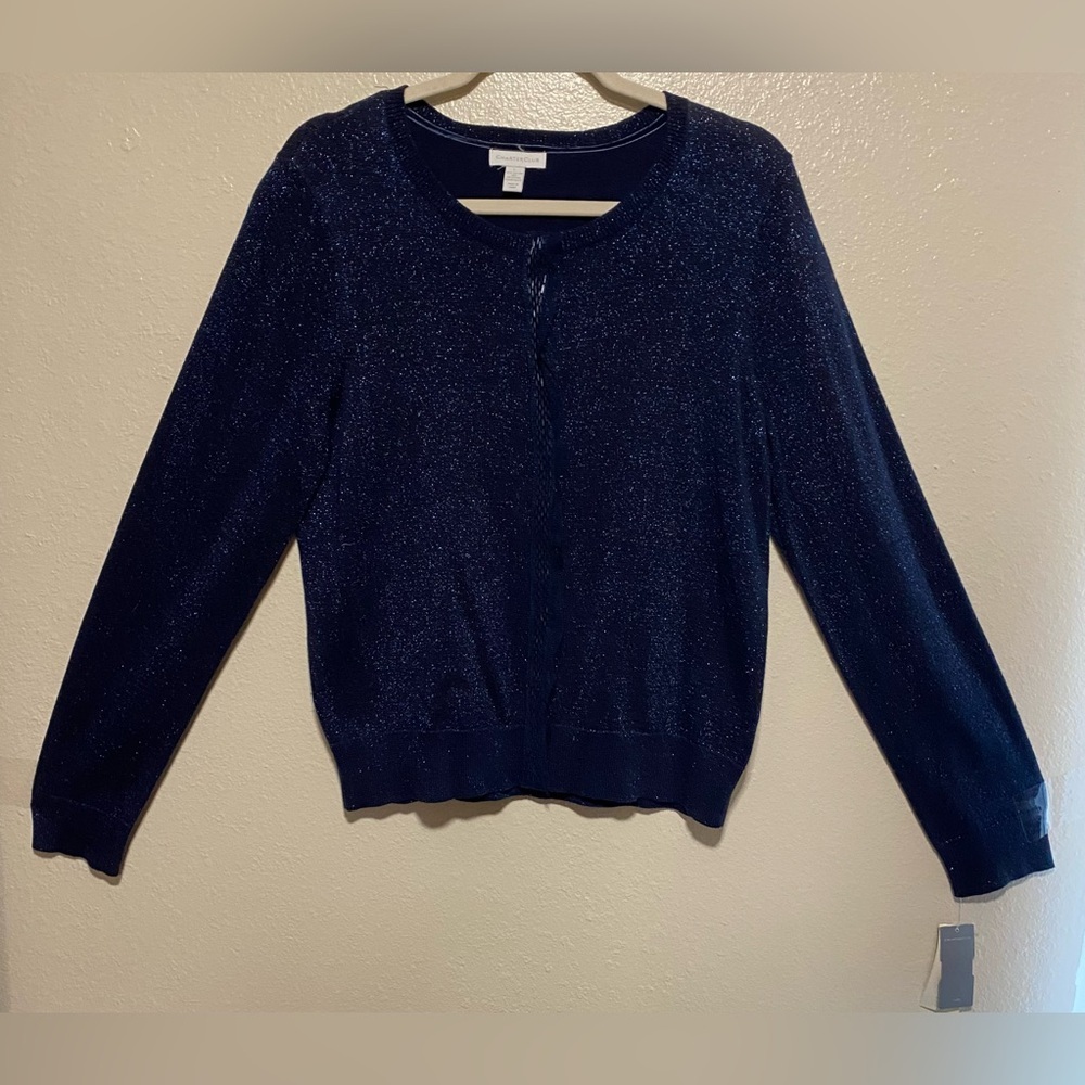 Charter Club Sparkly Blue Cardigan Sweater Sequined Button Front Top |Size Large - Picture 2 of 11